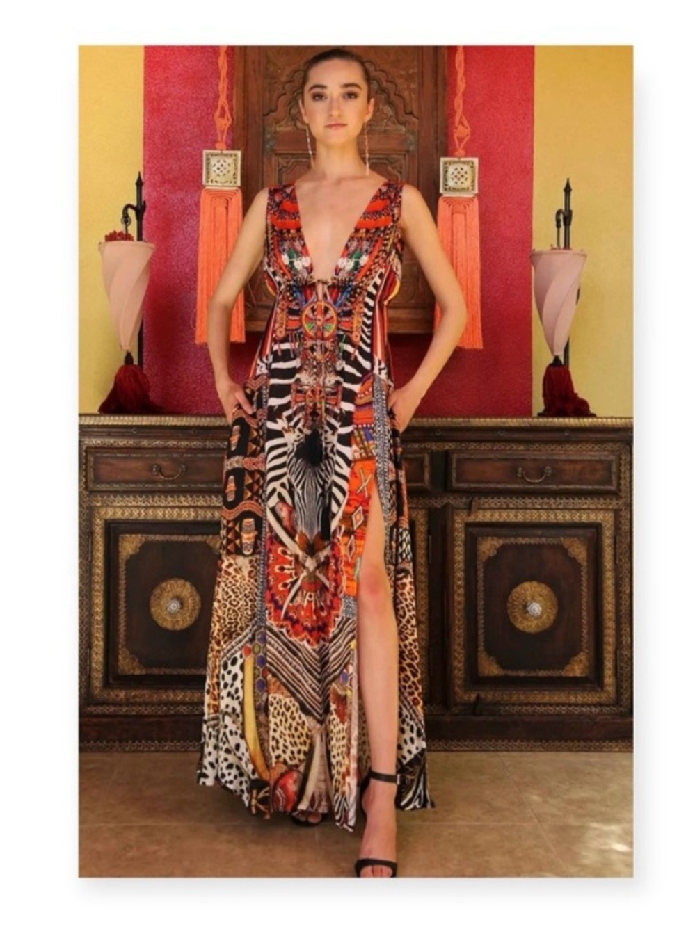 new Shahida Parides 𒀭 RHOBH Silk Crystal Tribal Print Maxi Dress 𒀭 Orange 00-12 - Picture 2 of 16